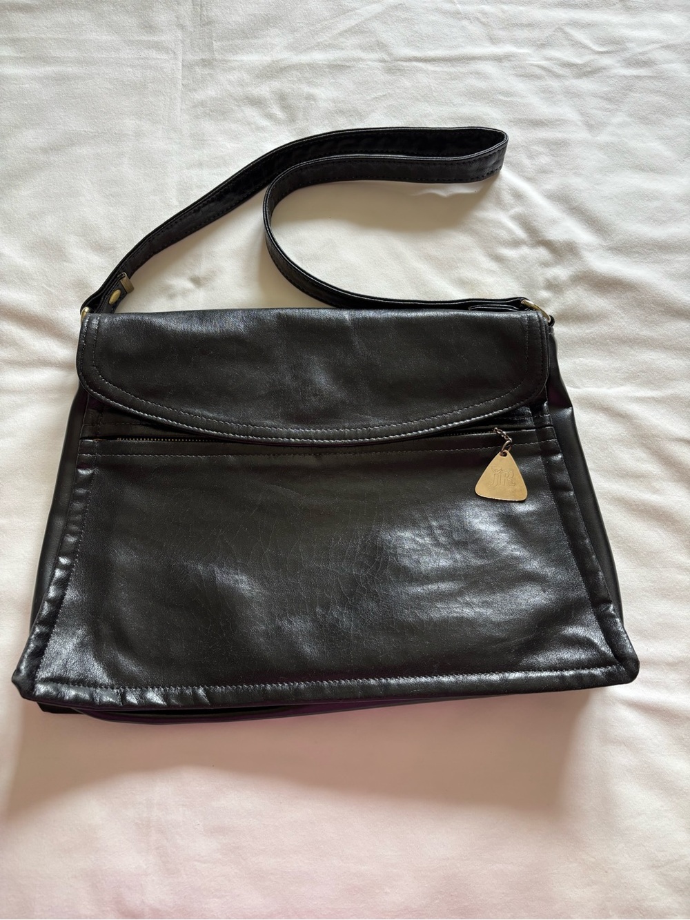 Black Leather Shoulder Bag with Gold Charm - Women's Everyday Crossbody